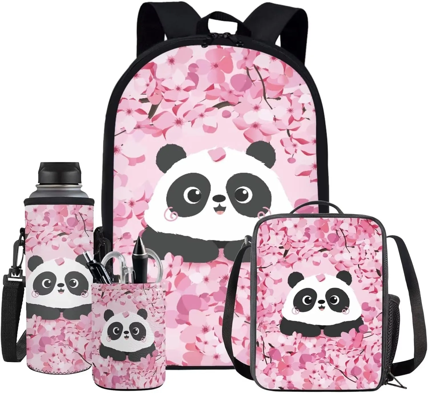 Cartoon Panda Kids Backpack for Girls Cherry Blossom 4Pcs School Backpack Set for Middle School 17 Inch Backpack Set for Elementary School Student Waterproof 4 Piece School Bag