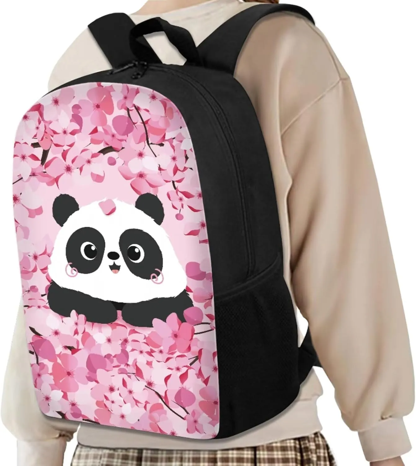 Cartoon Panda Kids Backpack for Girls Cherry Blossom 4Pcs School Backpack Set for Middle School 17 Inch Backpack Set for Elementary School Student Waterproof 4 Piece School Bag