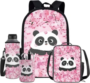 Cartoon Panda Kids Backpack for Girls Cherry Blossom 4Pcs School Backpack Set for Middle School 17 Inch Backpack Set for Elementary School Student Waterproof 4 Piece School Bag