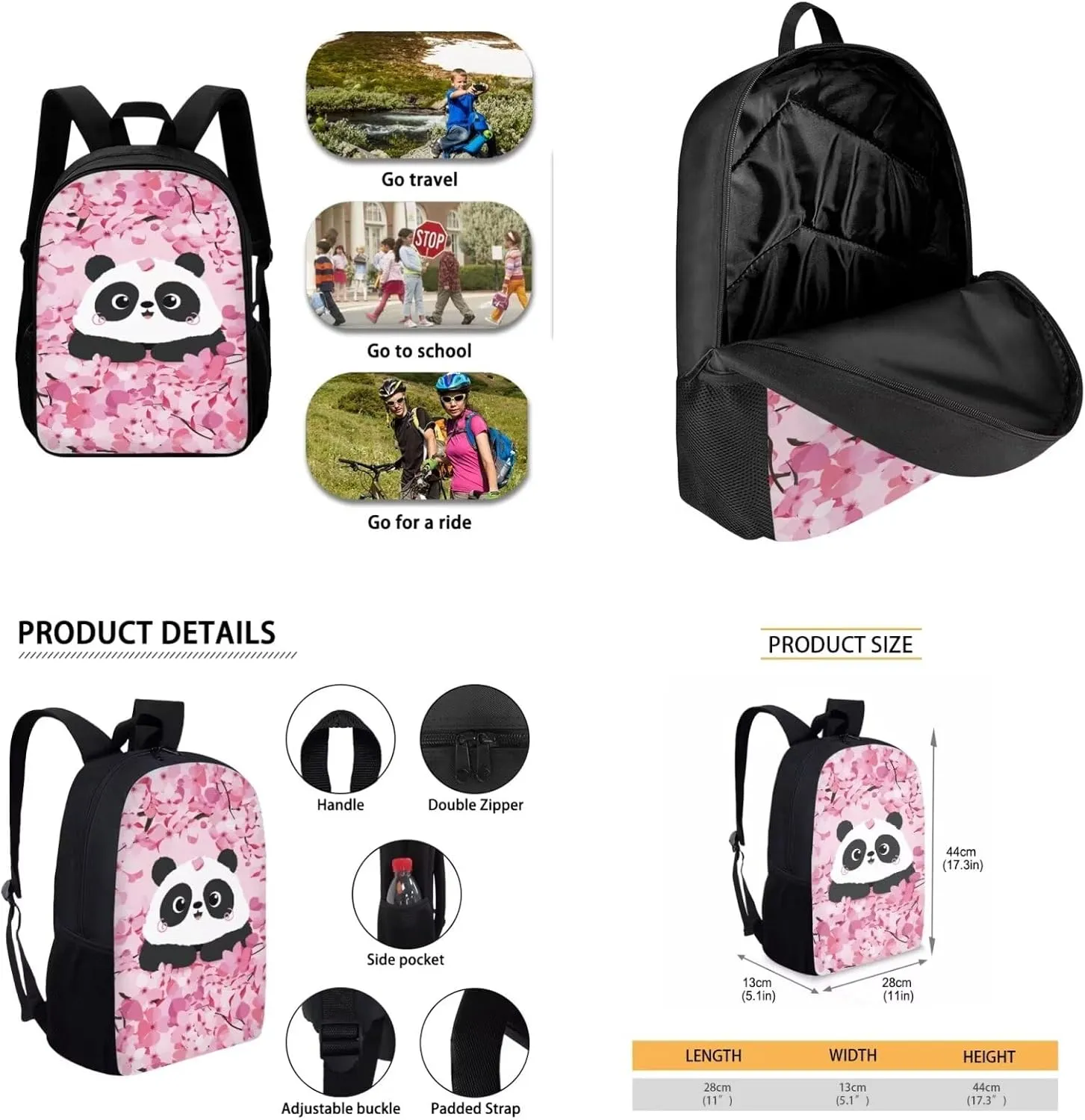 Cartoon Panda Kids Backpack for Girls Cherry Blossom 4Pcs School Backpack Set for Middle School 17 Inch Backpack Set for Elementary School Student Waterproof 4 Piece School Bag