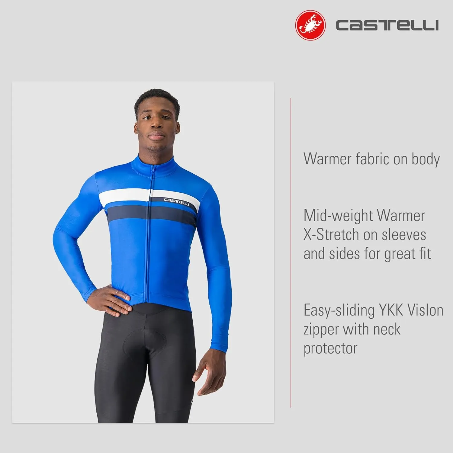 CASTELLI Men’s Lineare Jersey, Long Sleeve Full Zip Up Fleece Lined Jersey for Road & Gravel Cycling, Biking