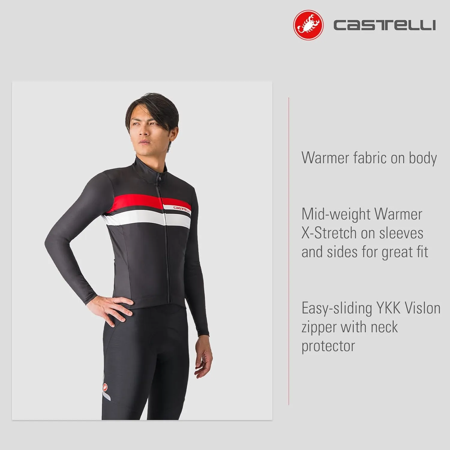 CASTELLI Men’s Lineare Jersey, Long Sleeve Full Zip Up Fleece Lined Jersey for Road & Gravel Cycling, Biking