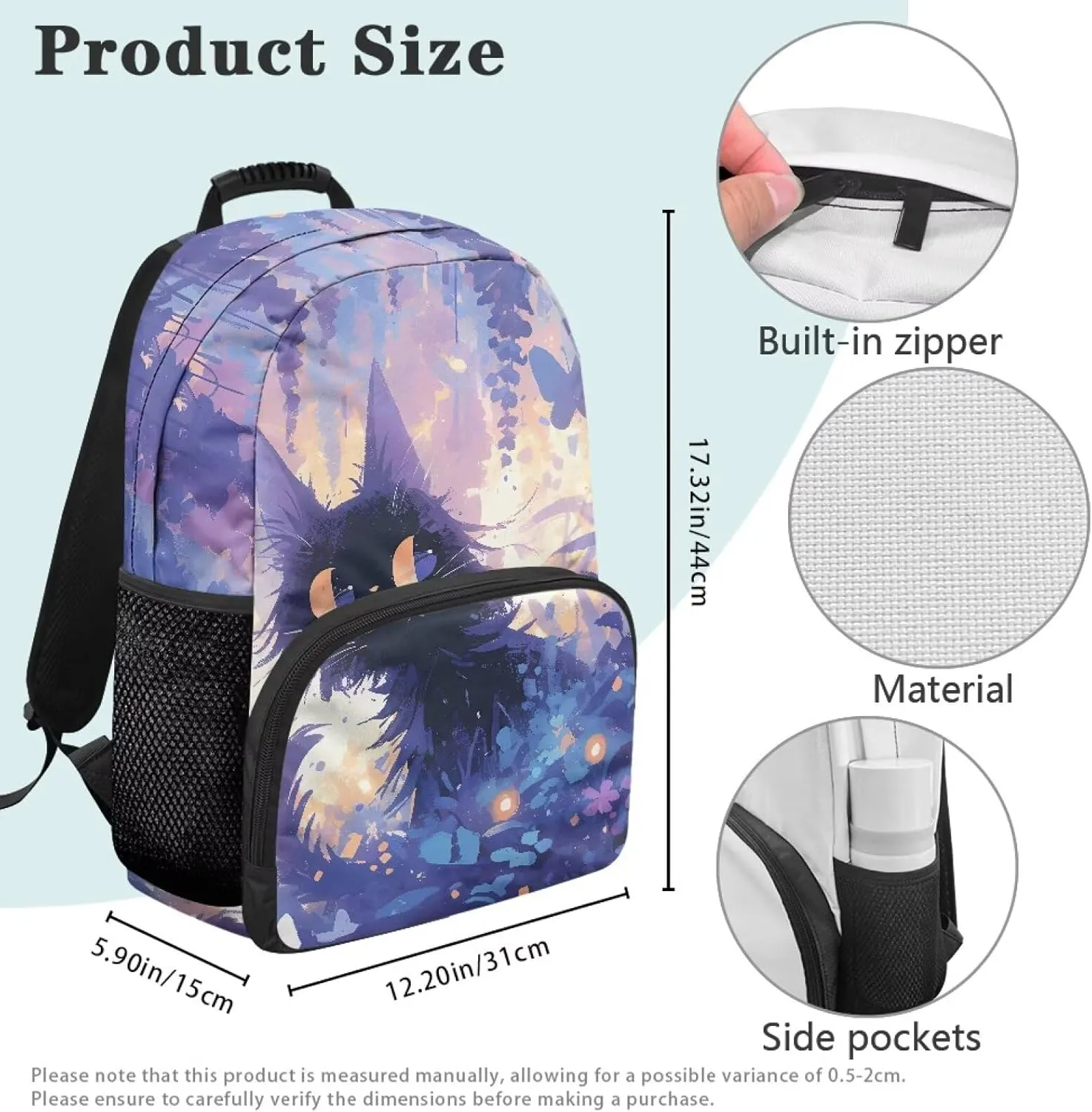 Cat Bush Middle School Girls Backpacks Fully Printed Schoolbags Lightweight Bookbags with Front Pocket for School, Travel