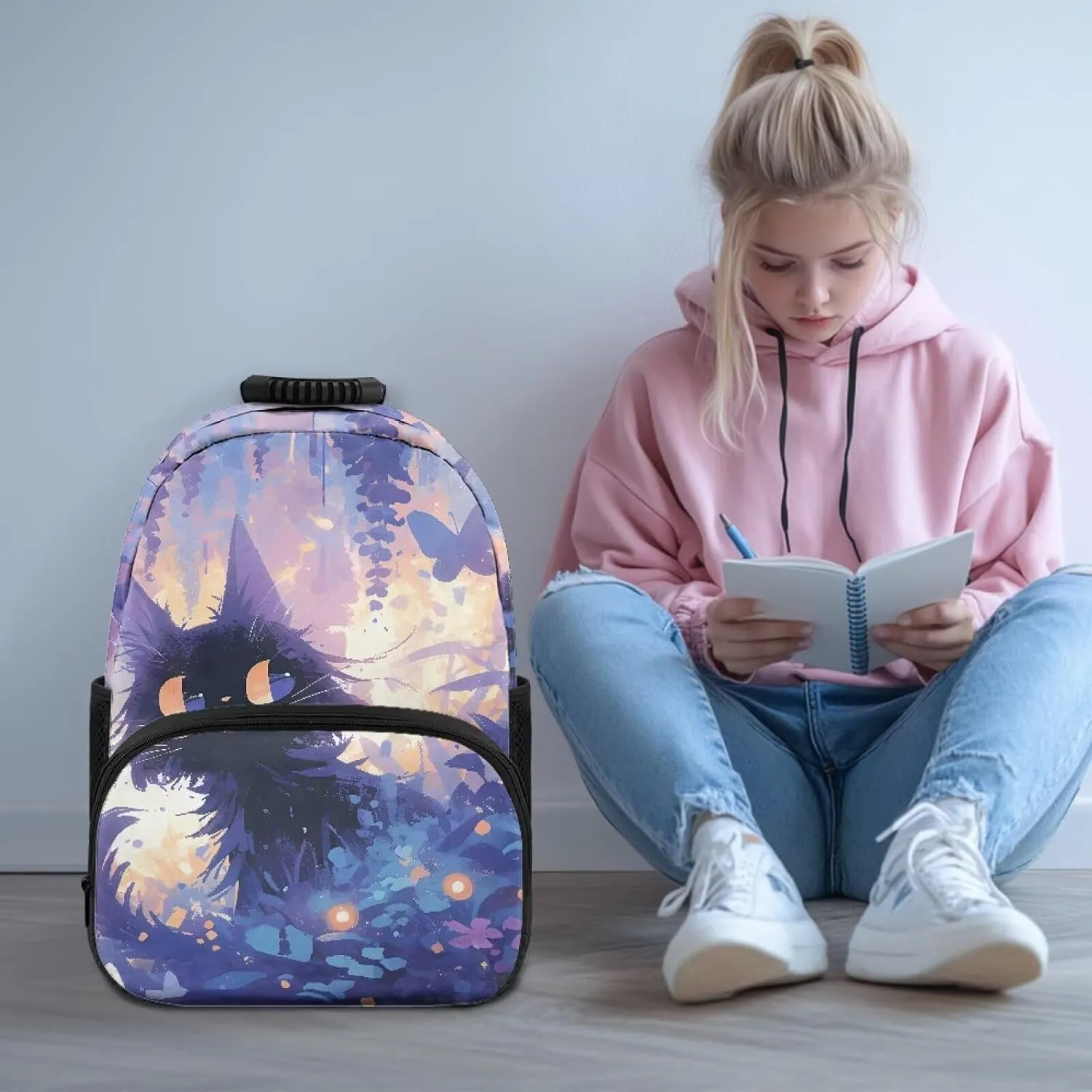 Cat Bush Middle School Girls Backpacks Fully Printed Schoolbags Lightweight Bookbags with Front Pocket for School, Travel