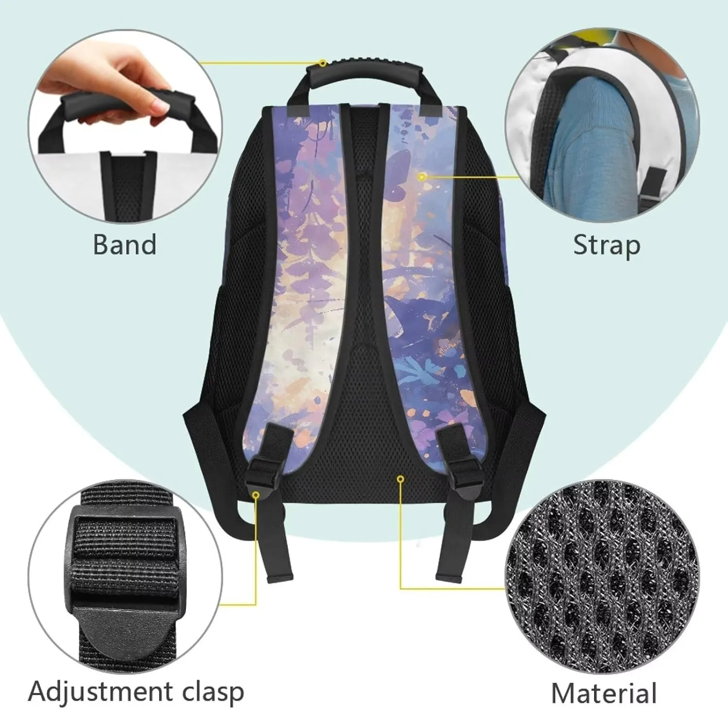 Cat Bush Middle School Girls Backpacks Fully Printed Schoolbags Lightweight Bookbags with Front Pocket for School, Travel