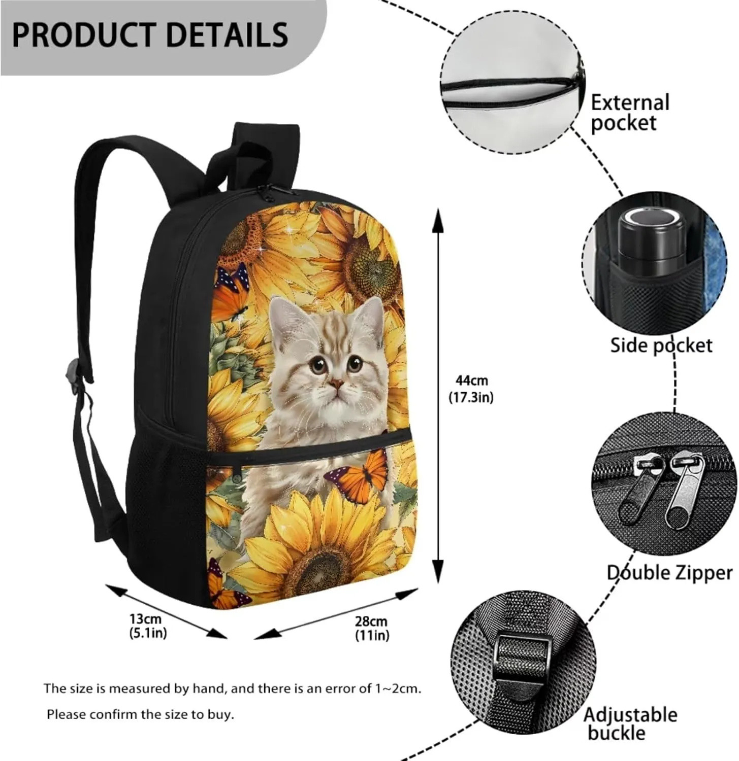 Cat School Backpack for Girls 3-in-1 School Bags Set with Lunch Bag Pencil Case Sunflower 8-12 Kids Large Bookbag Student Camping Backpacks Casual Daypack Mochilas Escolares Para NiñAs