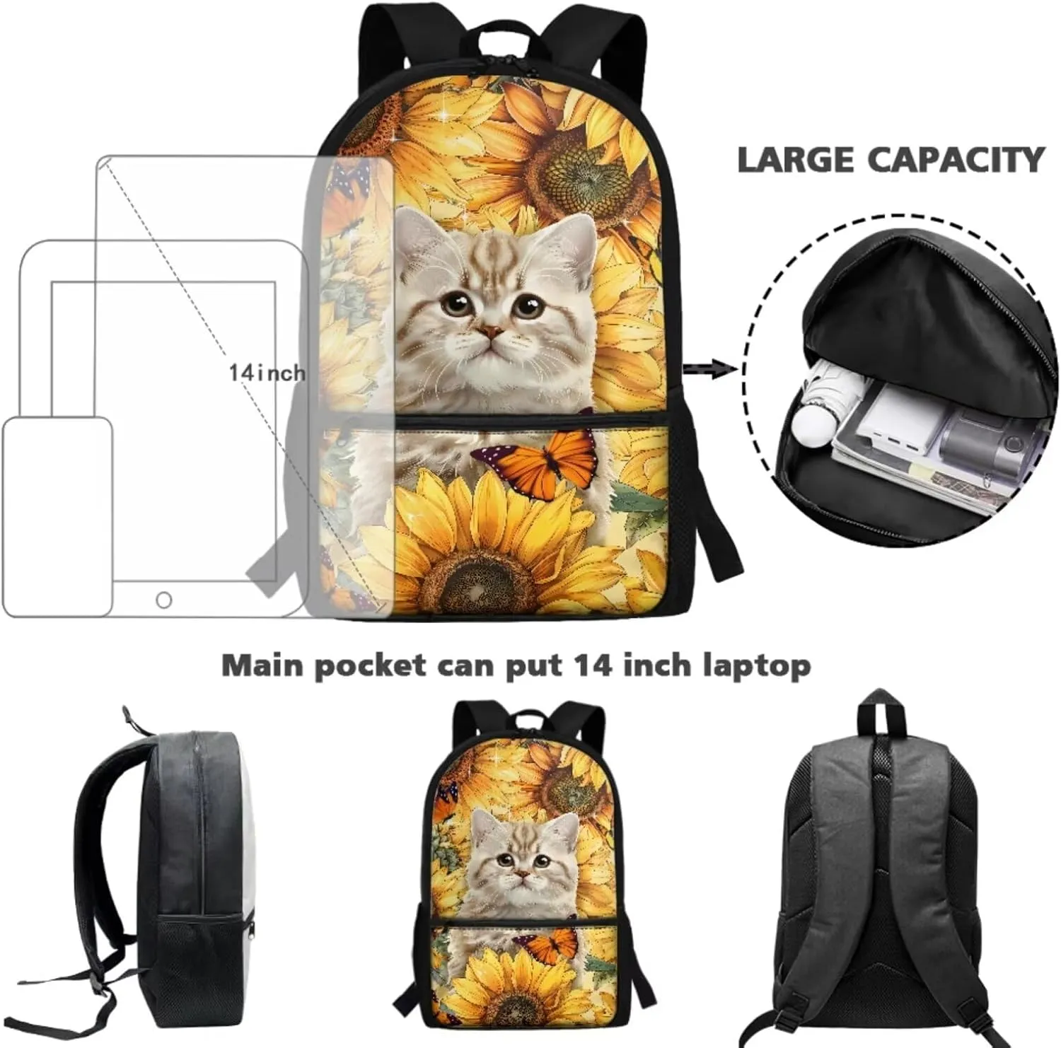 Cat School Backpack for Girls 3-in-1 School Bags Set with Lunch Bag Pencil Case Sunflower 8-12 Kids Large Bookbag Student Camping Backpacks Casual Daypack Mochilas Escolares Para NiñAs