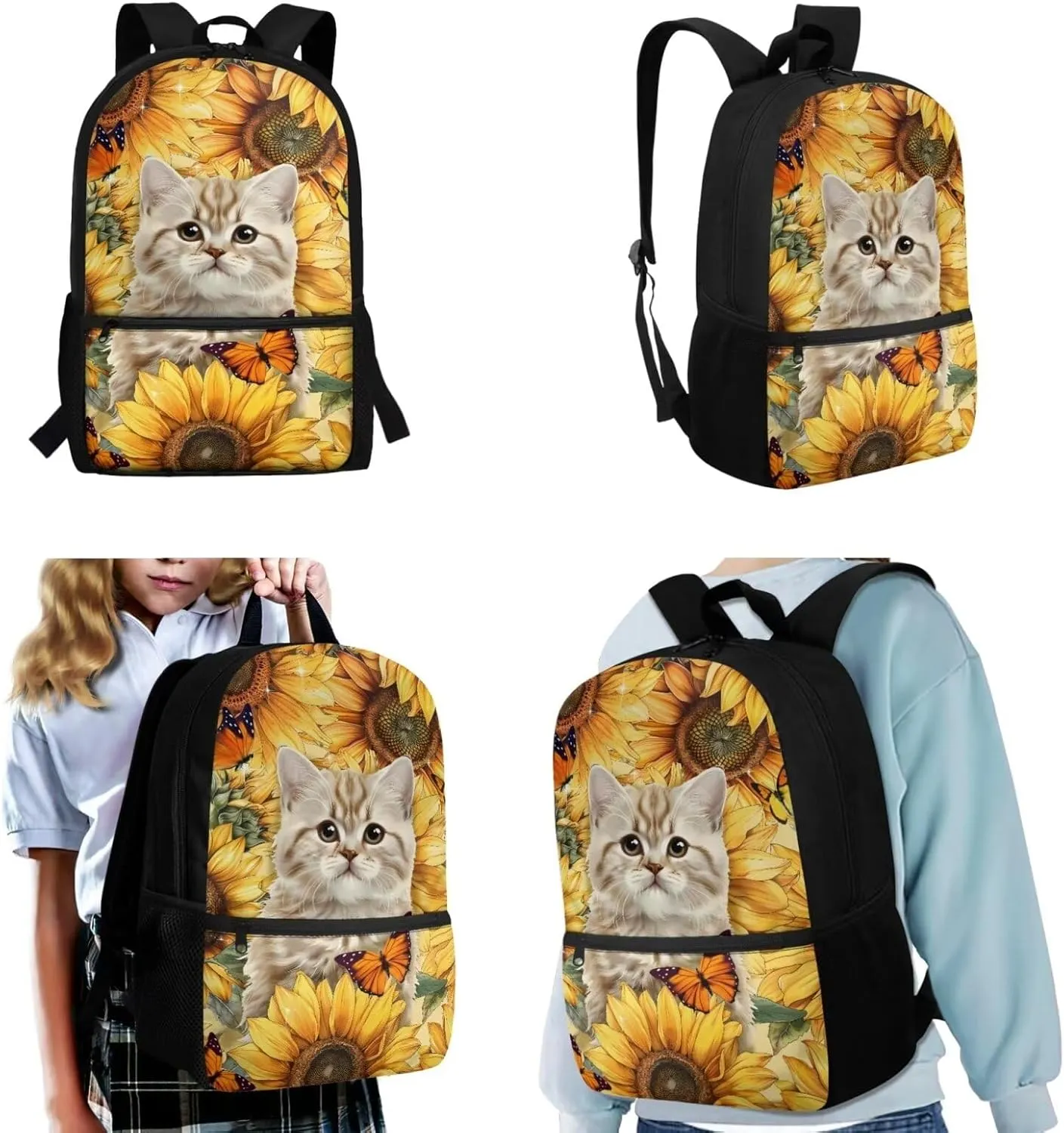 Cat School Backpack for Girls 3-in-1 School Bags Set with Lunch Bag Pencil Case Sunflower 8-12 Kids Large Bookbag Student Camping Backpacks Casual Daypack Mochilas Escolares Para NiñAs