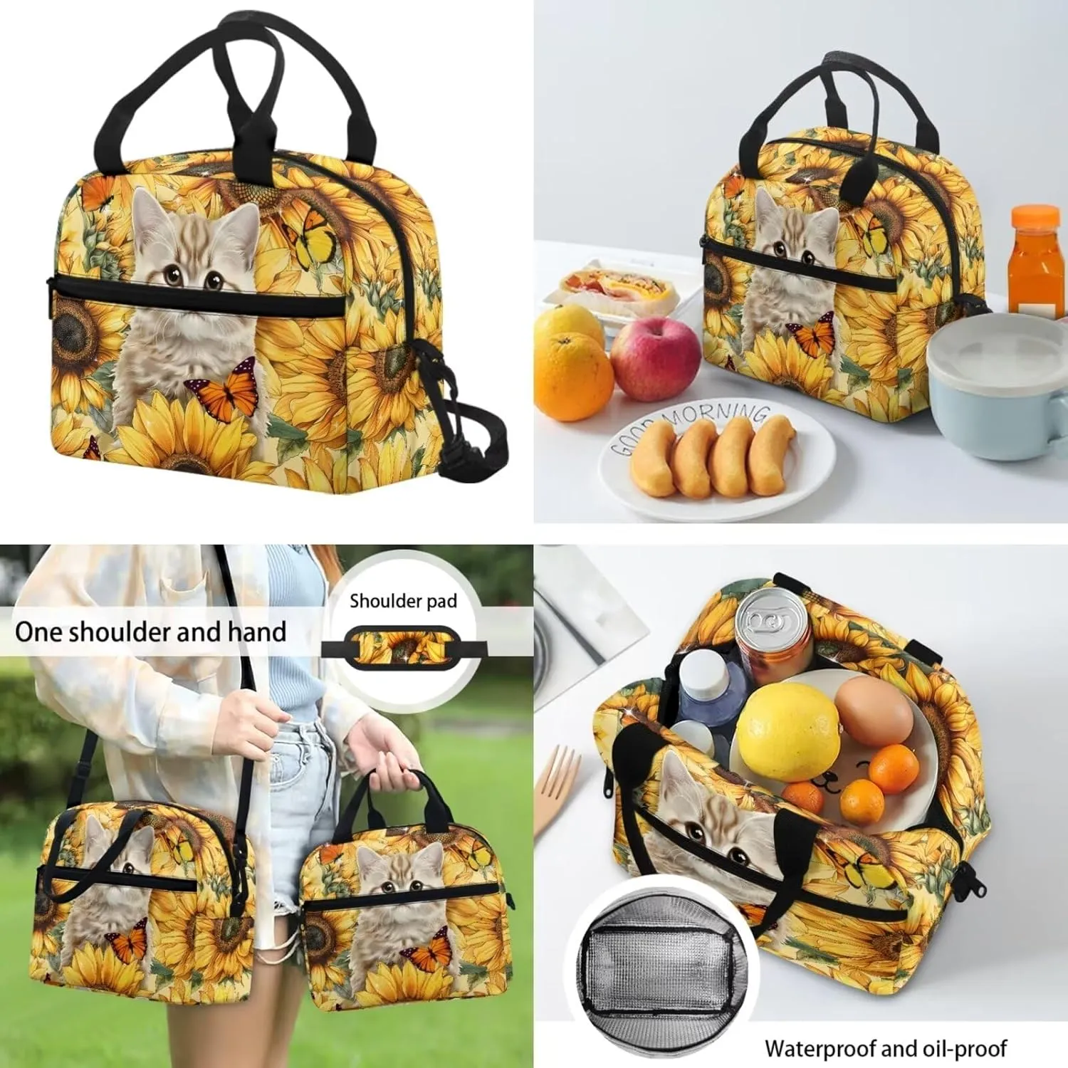 Cat School Backpack for Girls 3-in-1 School Bags Set with Lunch Bag Pencil Case Sunflower 8-12 Kids Large Bookbag Student Camping Backpacks Casual Daypack Mochilas Escolares Para NiñAs