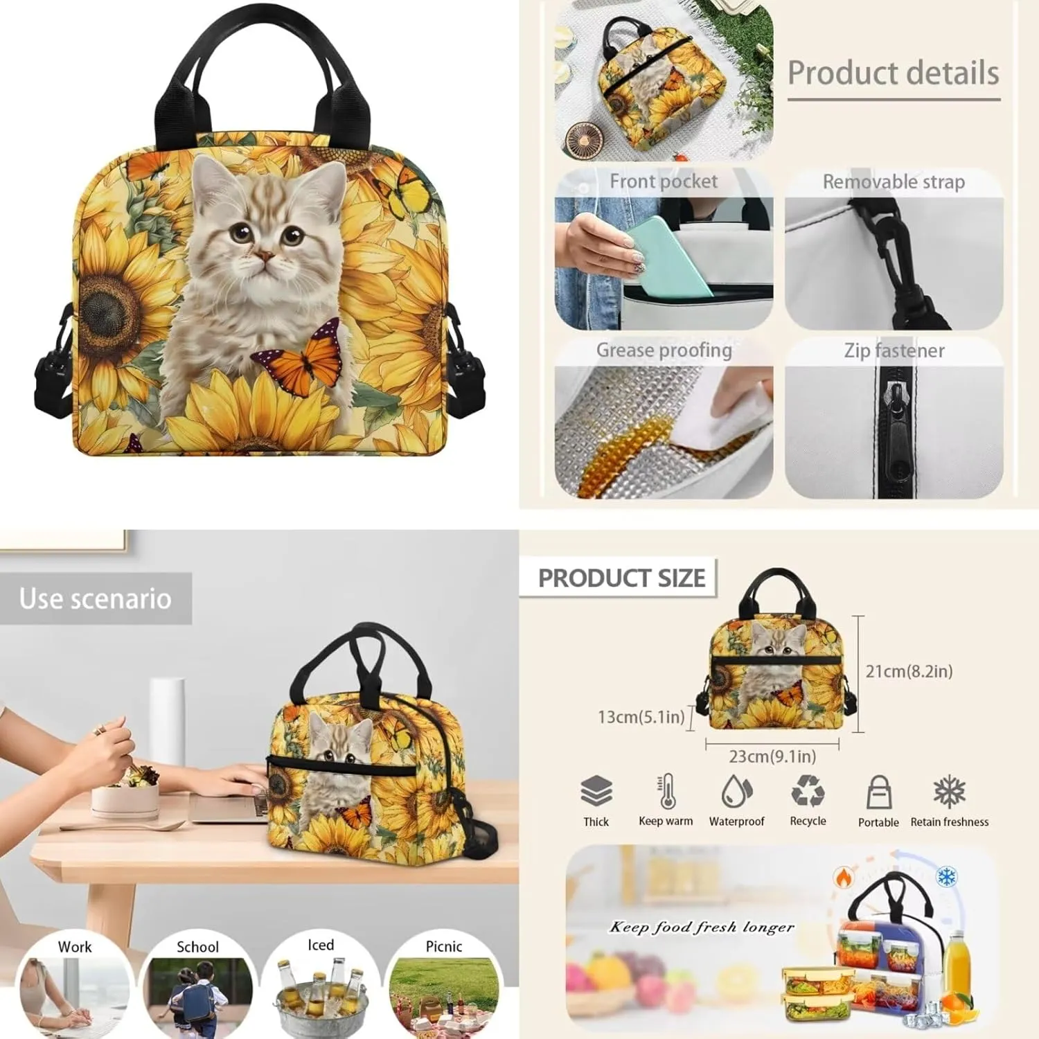 Cat School Backpack for Girls 3-in-1 School Bags Set with Lunch Bag Pencil Case Sunflower 8-12 Kids Large Bookbag Student Camping Backpacks Casual Daypack Mochilas Escolares Para NiñAs