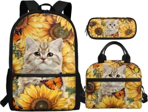Cat School Backpack for Girls 3-in-1 School Bags Set with Lunch Bag Pencil Case Sunflower 8-12 Kids Large Bookbag Student Camping Backpacks Casual Daypack Mochilas Escolares Para NiñAs