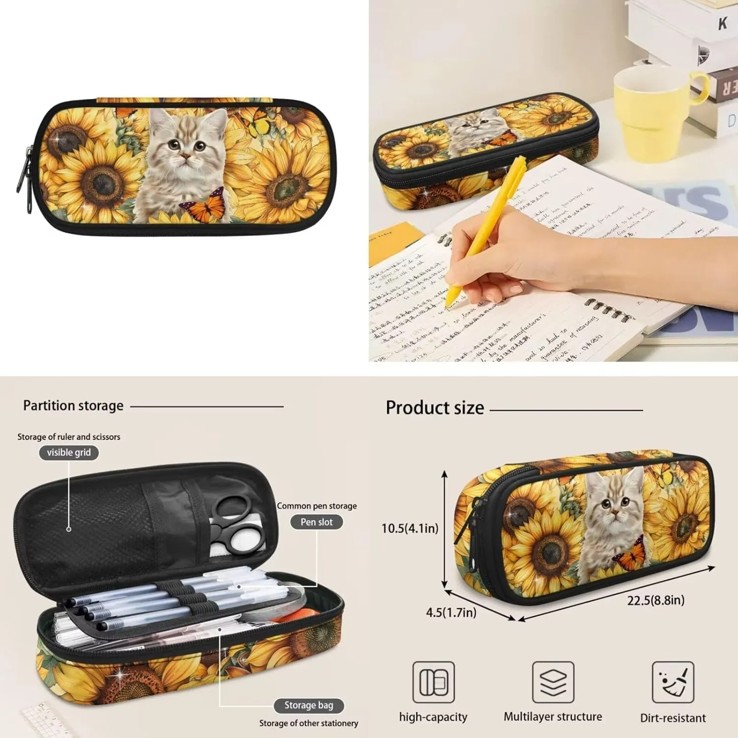 Cat School Backpack for Girls 3-in-1 School Bags Set with Lunch Bag Pencil Case Sunflower 8-12 Kids Large Bookbag Student Camping Backpacks Casual Daypack Mochilas Escolares Para NiñAs