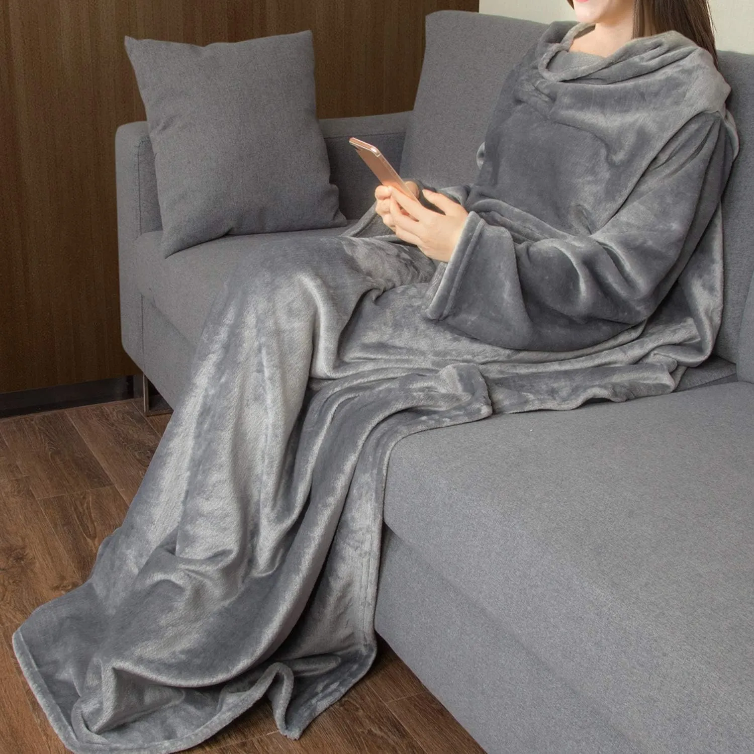 Catalonia Wearable Blanket with Sleeves and Pocket, Cozy Soft Fleece Mink Micro Plush Wrap Throws Blanket Robe for Women and Men, Gift for Her