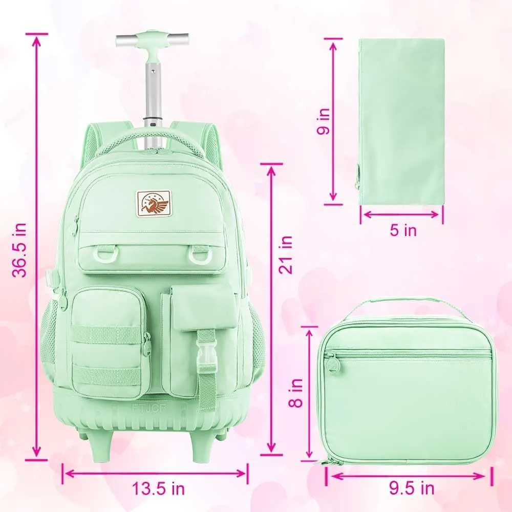CCJPX Rolling Backpack for Girls Women, 21 inch Roller Wheels School Bookbag, Wheeled Suitcase Backpacks with Lunch Bag for Teen - Green