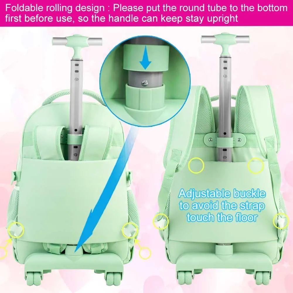 CCJPX Rolling Backpack for Girls Women, 21 inch Roller Wheels School Bookbag, Wheeled Suitcase Backpacks with Lunch Bag for Teen - Green