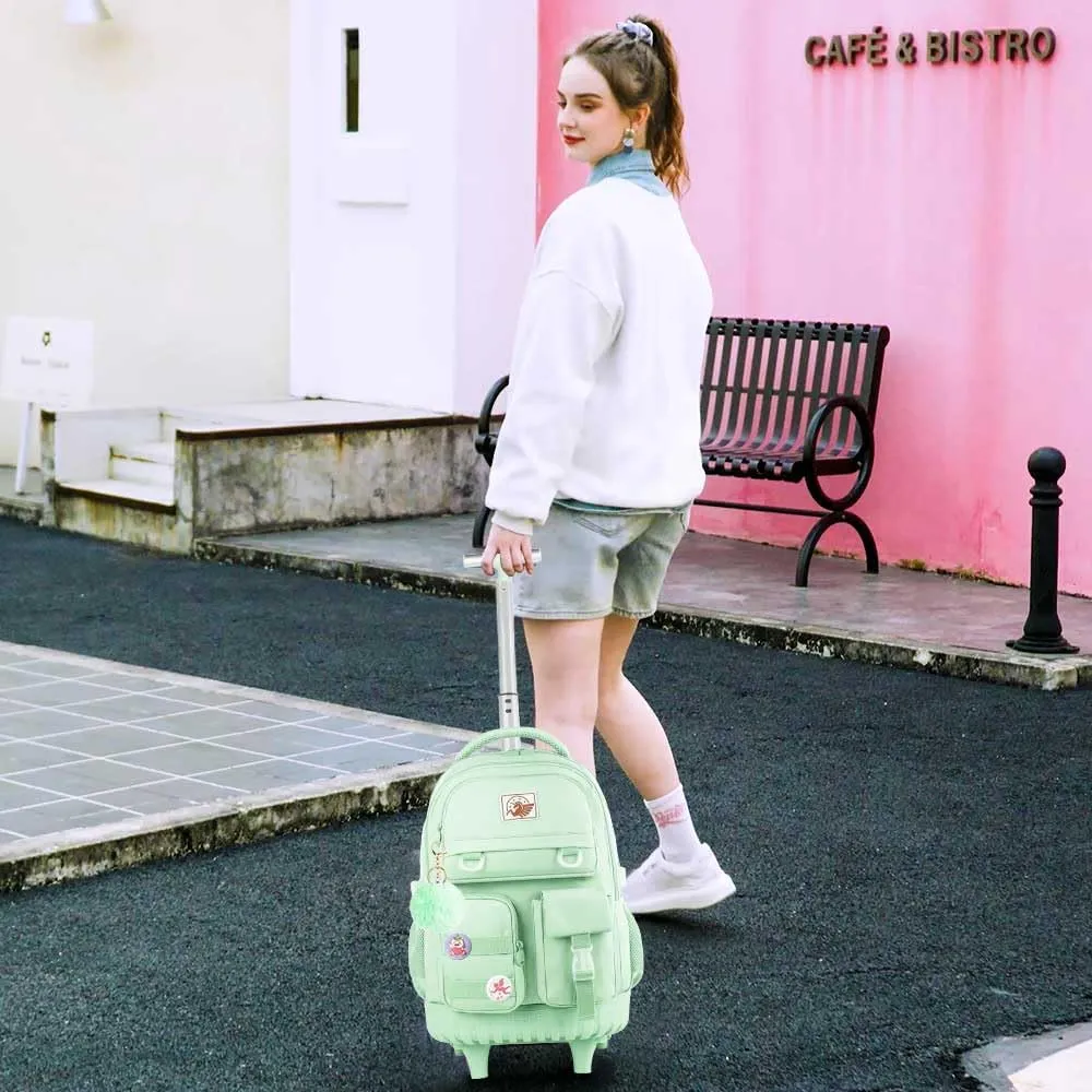 CCJPX Rolling Backpack for Girls Women, 21 inch Roller Wheels School Bookbag, Wheeled Suitcase Backpacks with Lunch Bag for Teen - Green