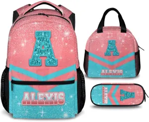 Cheer Backpack for Girls 3-10, Custom Glitter Cheerleading Bookbag Set for Kids Kindergarten Preschool Elementary, 17 Inch Durable Pink & Blue Personalized Initial Name Daypack for School Travel