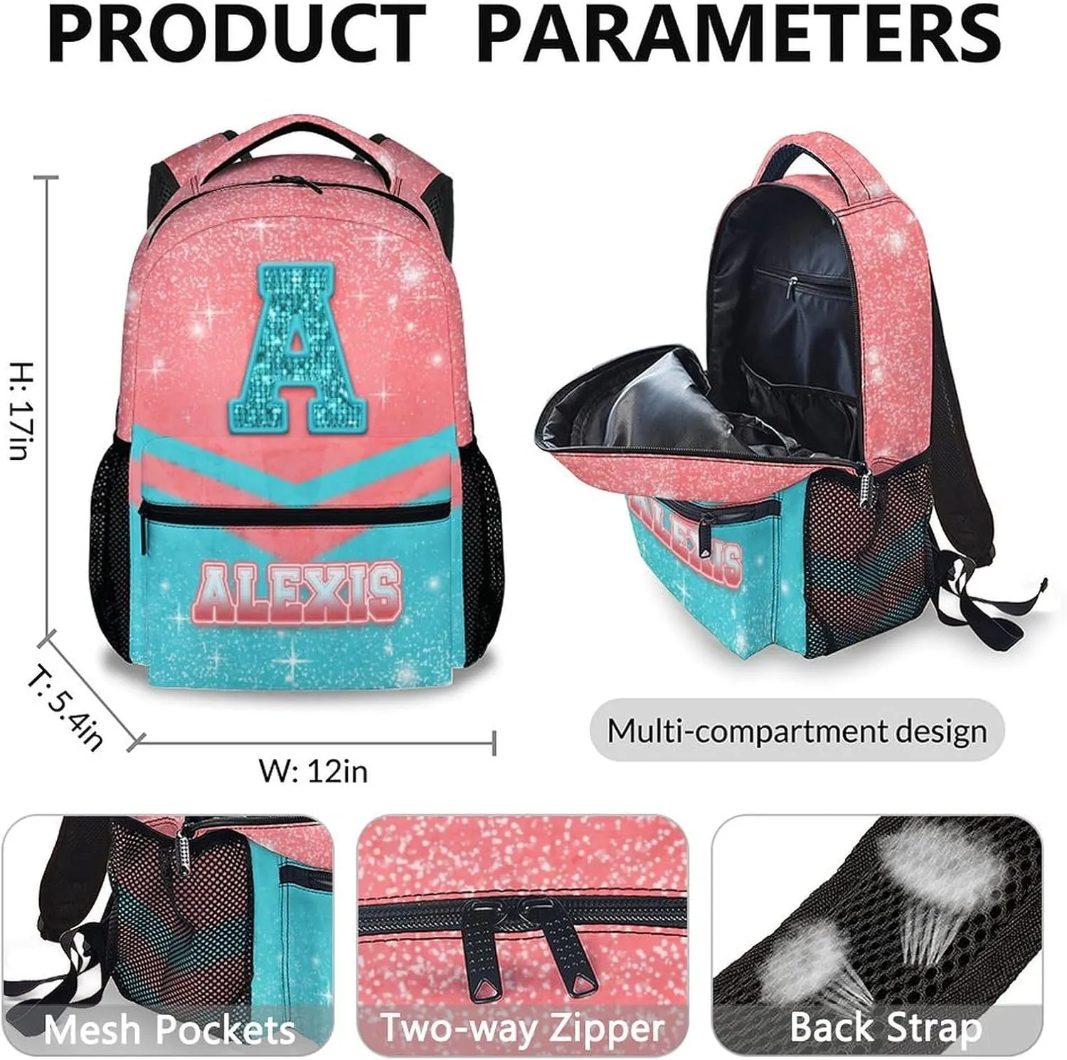 Cheer Backpack for Girls 3-10, Custom Glitter Cheerleading Bookbag Set for Kids Kindergarten Preschool Elementary, 17 Inch Durable Pink & Blue Personalized Initial Name Daypack for School Travel