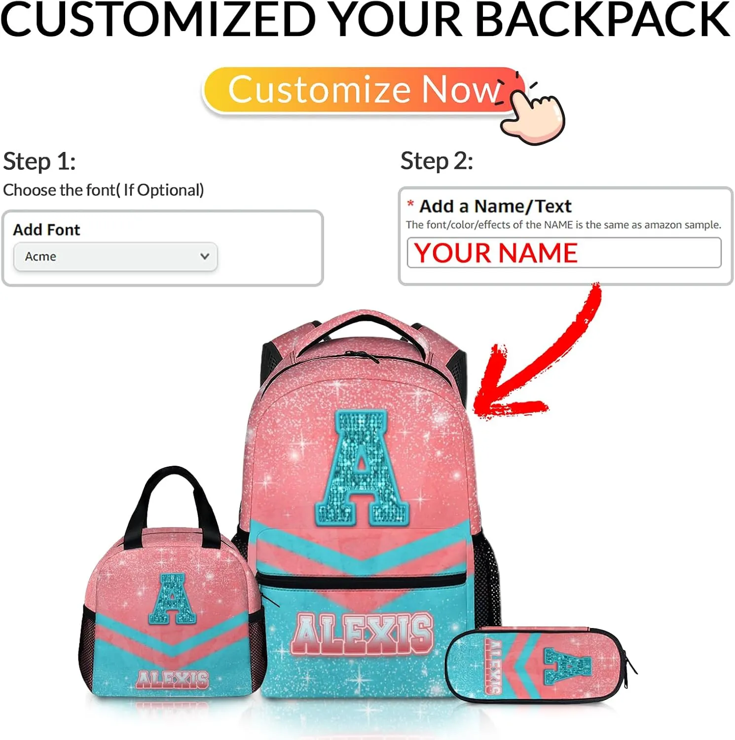 Cheer Backpack for Girls 3-10, Custom Glitter Cheerleading Bookbag Set for Kids Kindergarten Preschool Elementary, 17 Inch Durable Pink & Blue Personalized Initial Name Daypack for School Travel