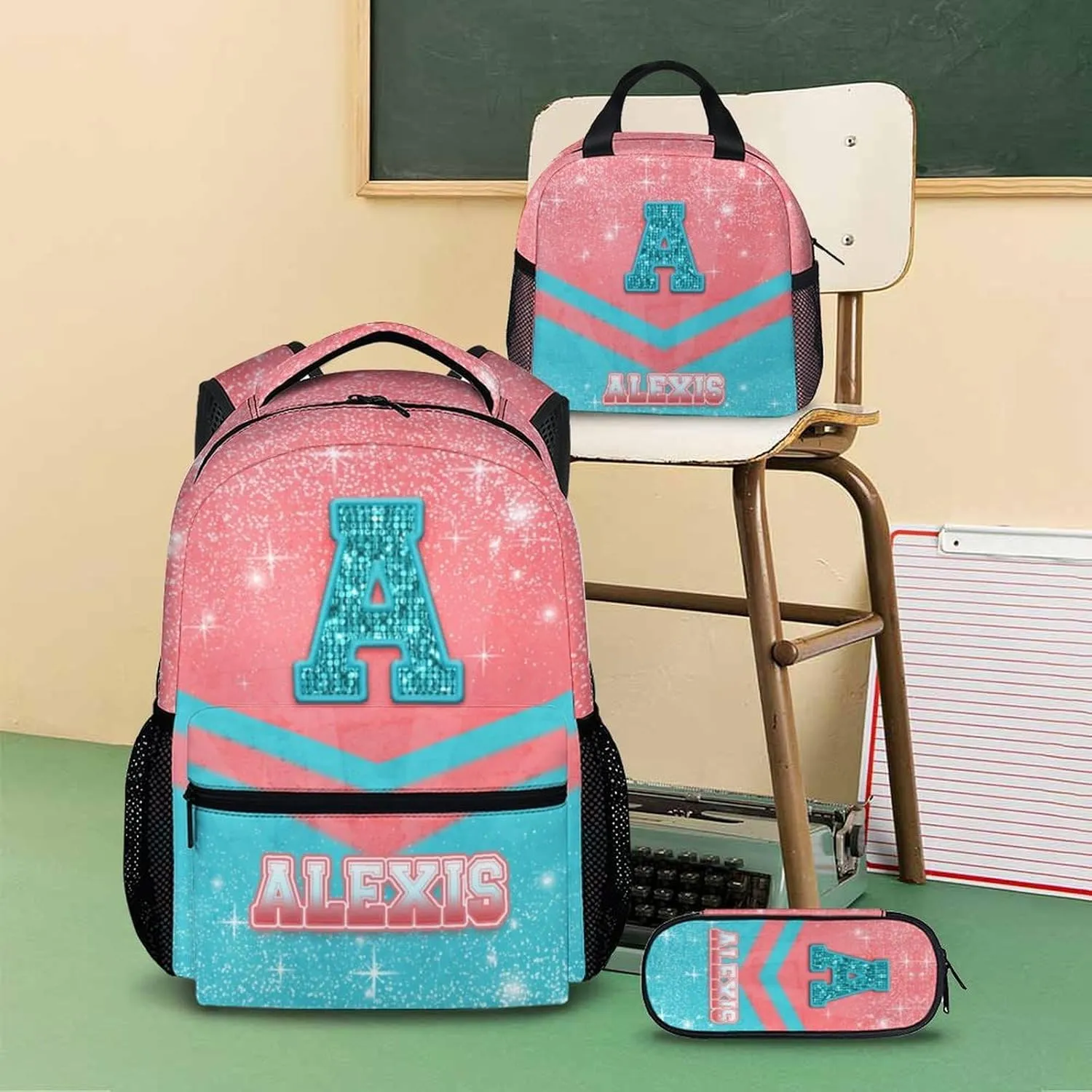 Cheer Backpack for Girls 3-10, Custom Glitter Cheerleading Bookbag Set for Kids Kindergarten Preschool Elementary, 17 Inch Durable Pink & Blue Personalized Initial Name Daypack for School Travel