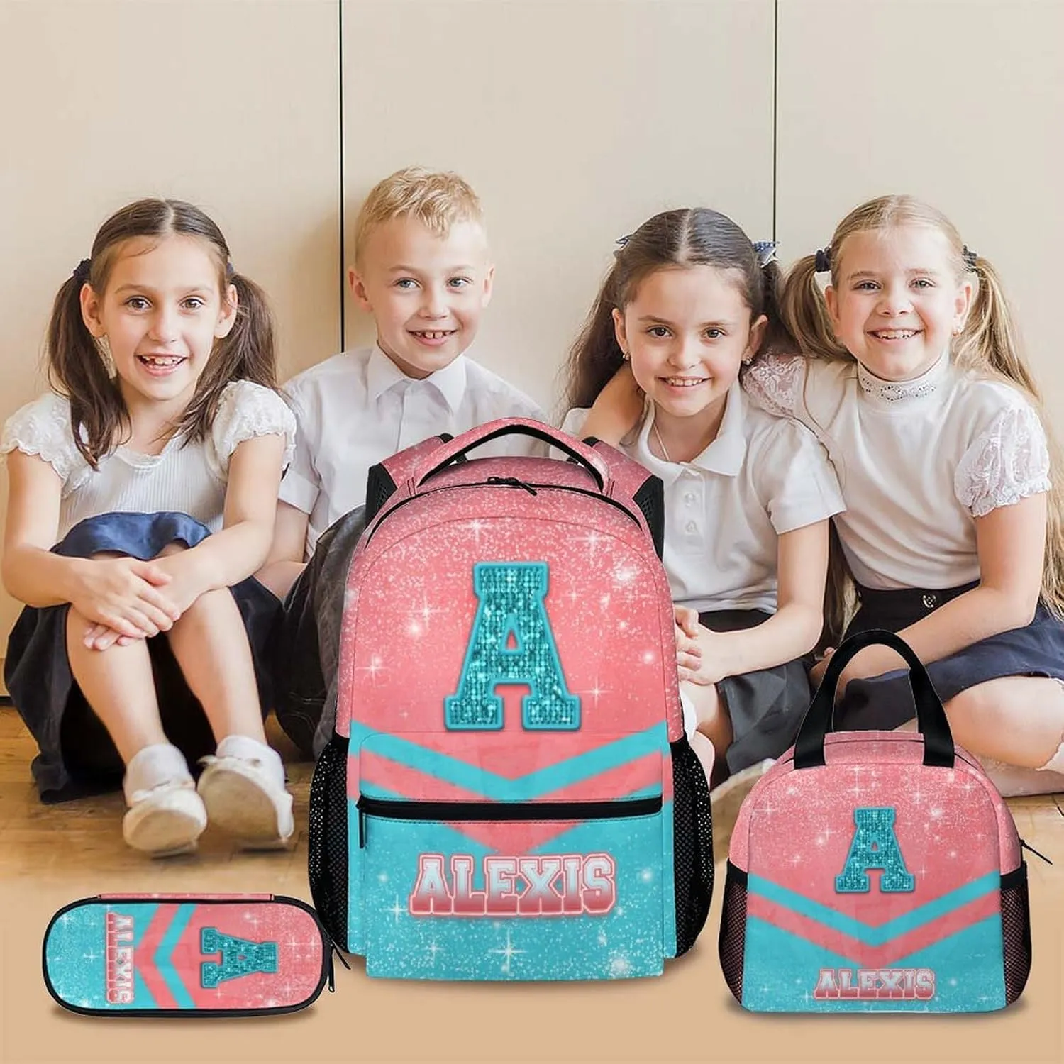 Cheer Backpack for Girls 3-10, Custom Glitter Cheerleading Bookbag Set for Kids Kindergarten Preschool Elementary, 17 Inch Durable Pink & Blue Personalized Initial Name Daypack for School Travel