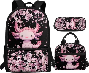 Cherry Blossom Axolotl Kids School Backpack for Girls 6-8/8-12 Bookbag With Lunch Box and Pencil Case Elementary Middle School Bag 17inch Book Bags Children Cute Schoolbags Pink
