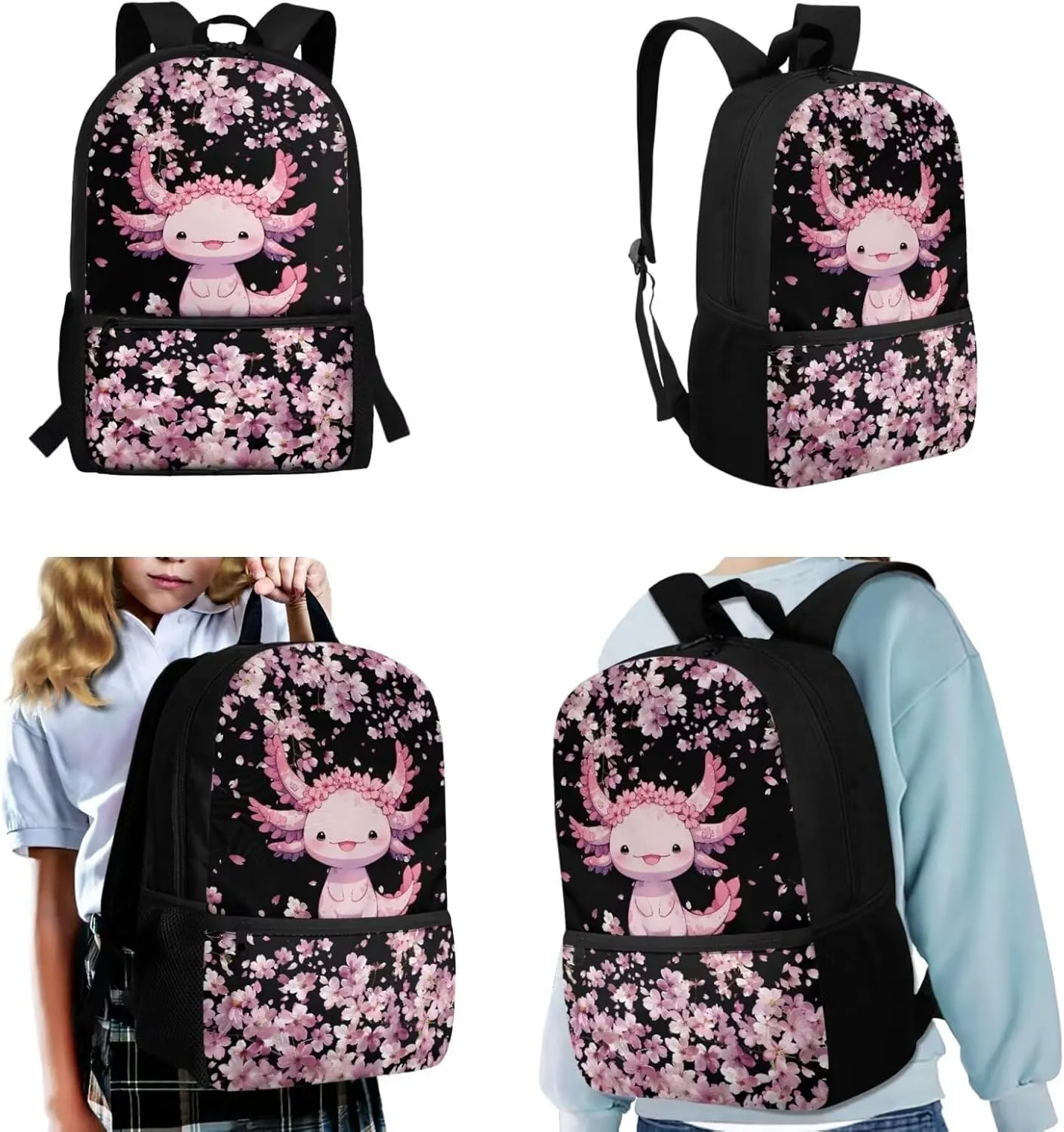 Cherry Blossom Axolotl Kids School Backpack for Girls 6-8/8-12 Bookbag With Lunch Box and Pencil Case Elementary Middle School Bag 17inch Book Bags Children Cute Schoolbags Pink
