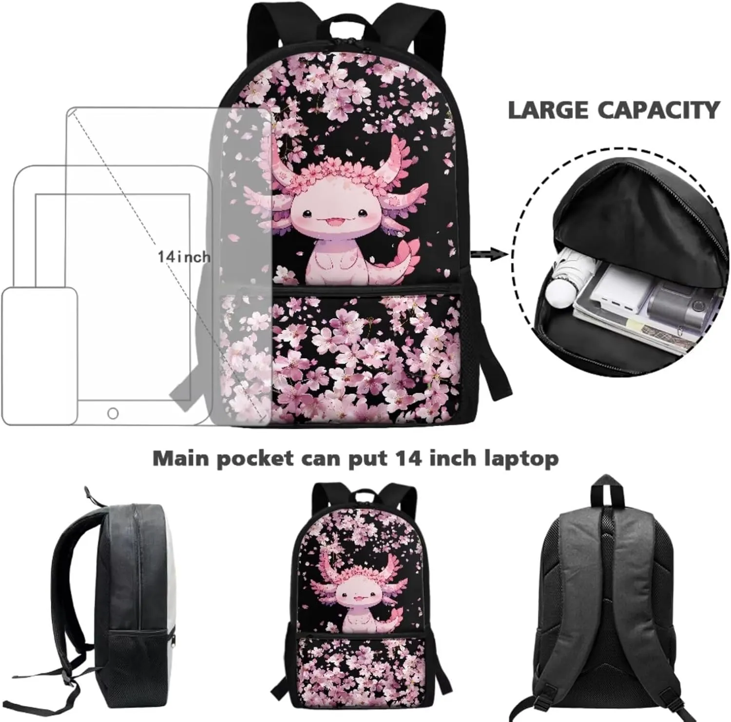 Cherry Blossom Axolotl Kids School Backpack for Girls 6-8/8-12 Bookbag With Lunch Box and Pencil Case Elementary Middle School Bag 17inch Book Bags Children Cute Schoolbags Pink
