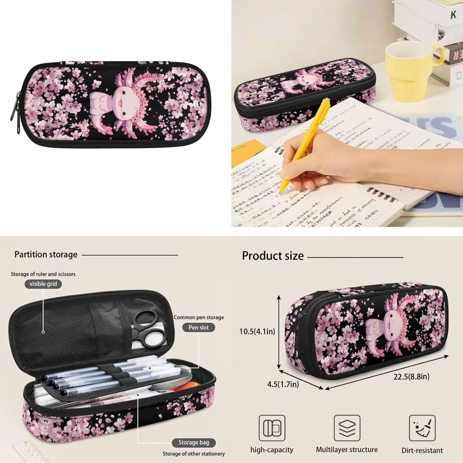 Cherry Blossom Axolotl Kids School Backpack for Girls 6-8/8-12 Bookbag With Lunch Box and Pencil Case Elementary Middle School Bag 17inch Book Bags Children Cute Schoolbags Pink