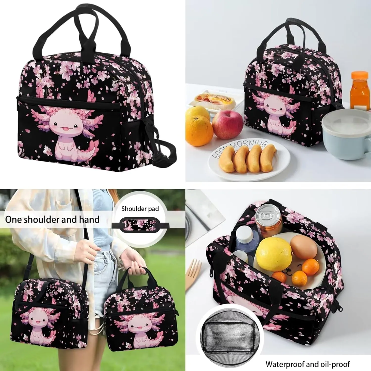 Cherry Blossom Axolotl Kids School Backpack for Girls 6-8/8-12 Bookbag With Lunch Box and Pencil Case Elementary Middle School Bag 17inch Book Bags Children Cute Schoolbags Pink