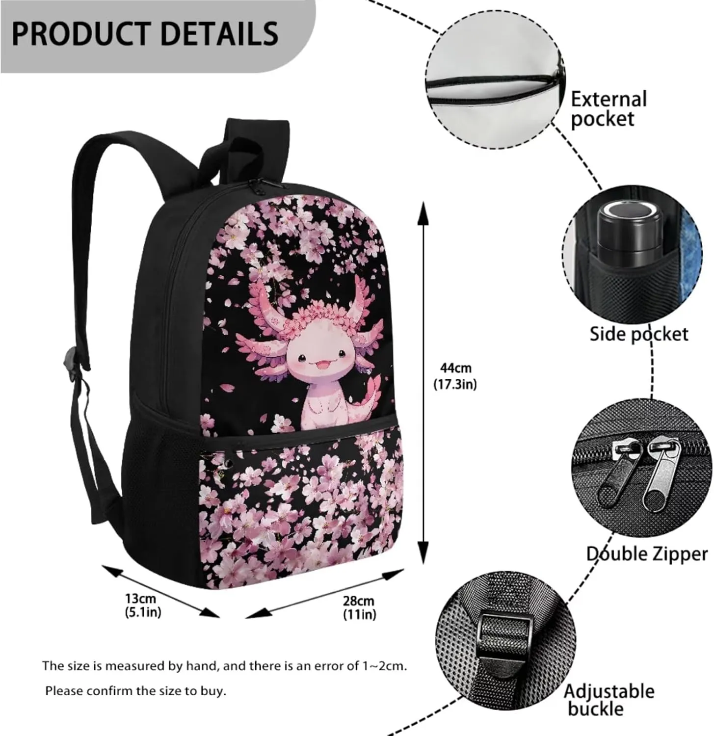 Cherry Blossom Axolotl Kids School Backpack for Girls 6-8/8-12 Bookbag With Lunch Box and Pencil Case Elementary Middle School Bag 17inch Book Bags Children Cute Schoolbags Pink