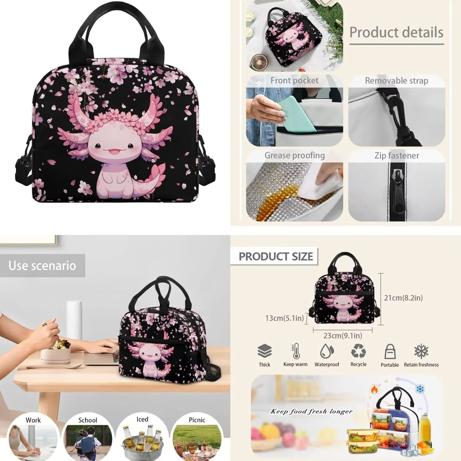Cherry Blossom Axolotl Kids School Backpack for Girls 6-8/8-12 Bookbag With Lunch Box and Pencil Case Elementary Middle School Bag 17inch Book Bags Children Cute Schoolbags Pink