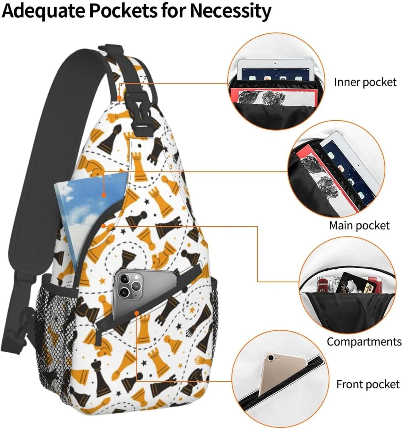 Chess Sling Backpack Chest Bag Crossbody Shoulder Bag Gym Cycling Travel Hiking Daypack For Men Women