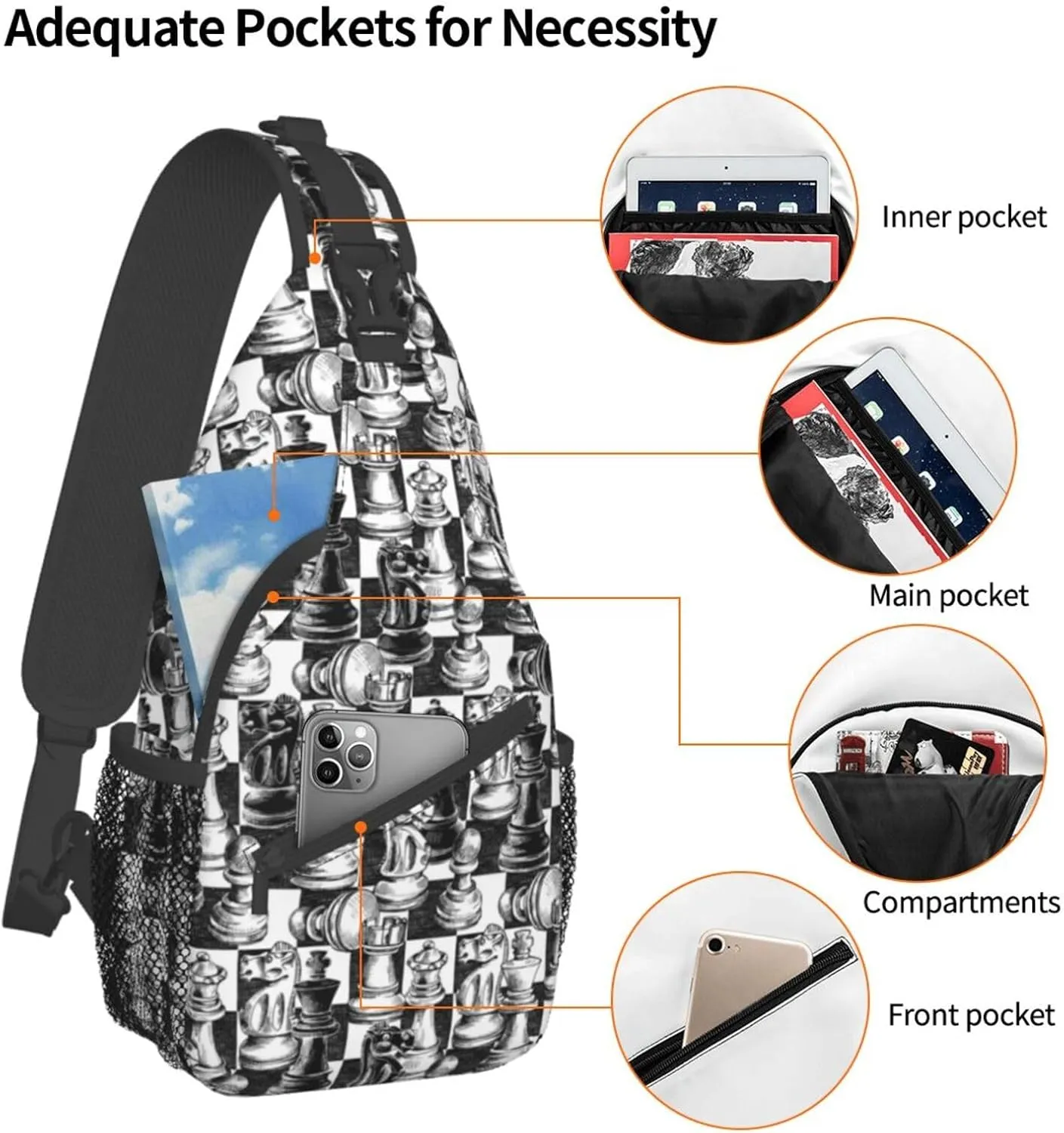 Chess Sling Backpack Chest Bag Crossbody Shoulder Bag Gym Cycling Travel Hiking Daypack For Men Women