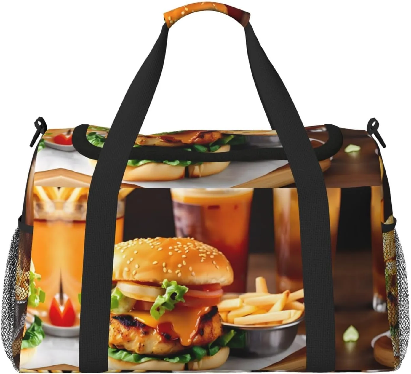 Chicken leg burger drink print Carry on Luggage for Women Men Shoulder Weekender Crossbody Bag for Yoga Travel Must Haves