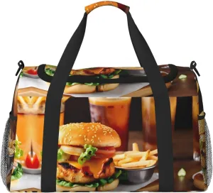 Chicken leg burger drink print Carry on Luggage for Women Men Shoulder Weekender Crossbody Bag for Yoga Travel Must Haves