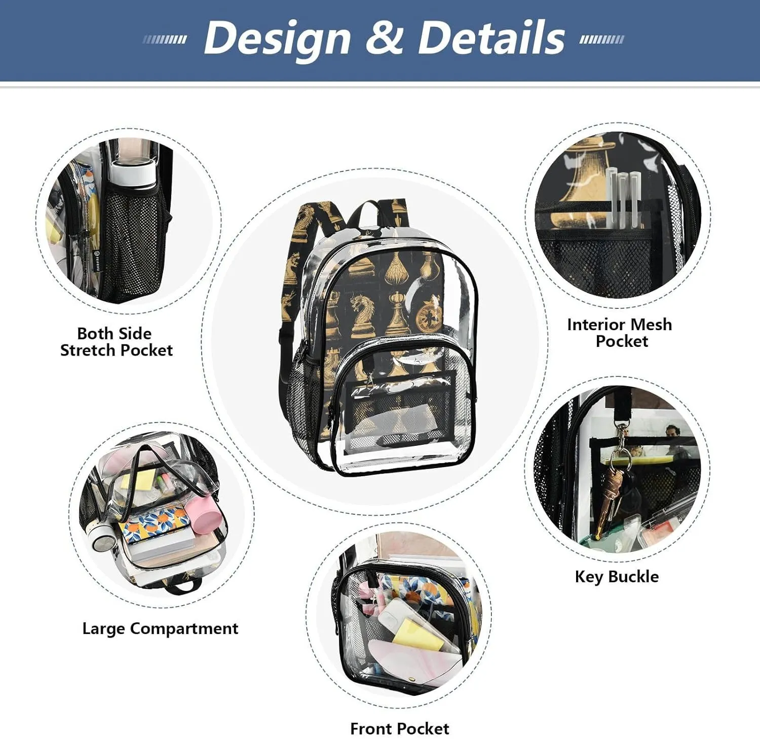 Chinese Chess Clear Backpack Clear Kid Backpack For Girls Boys Transparent Seethrough Heavy Duty Backpacks