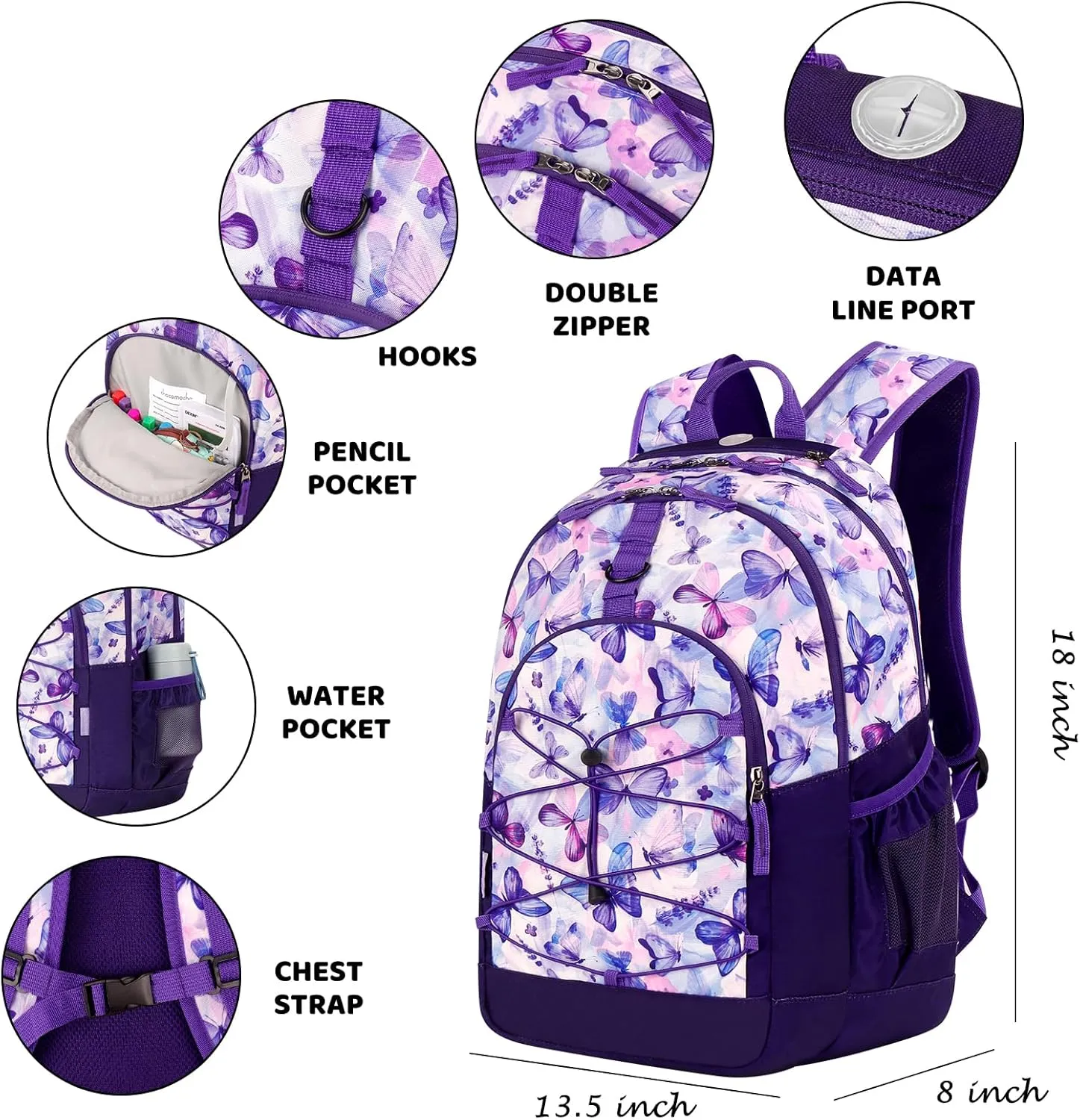 Choco Mocha Butterfly Backpack for Teen Girls, Travel School Backpack for Girls Middle School Large Bookbag 18 Inch, Purple