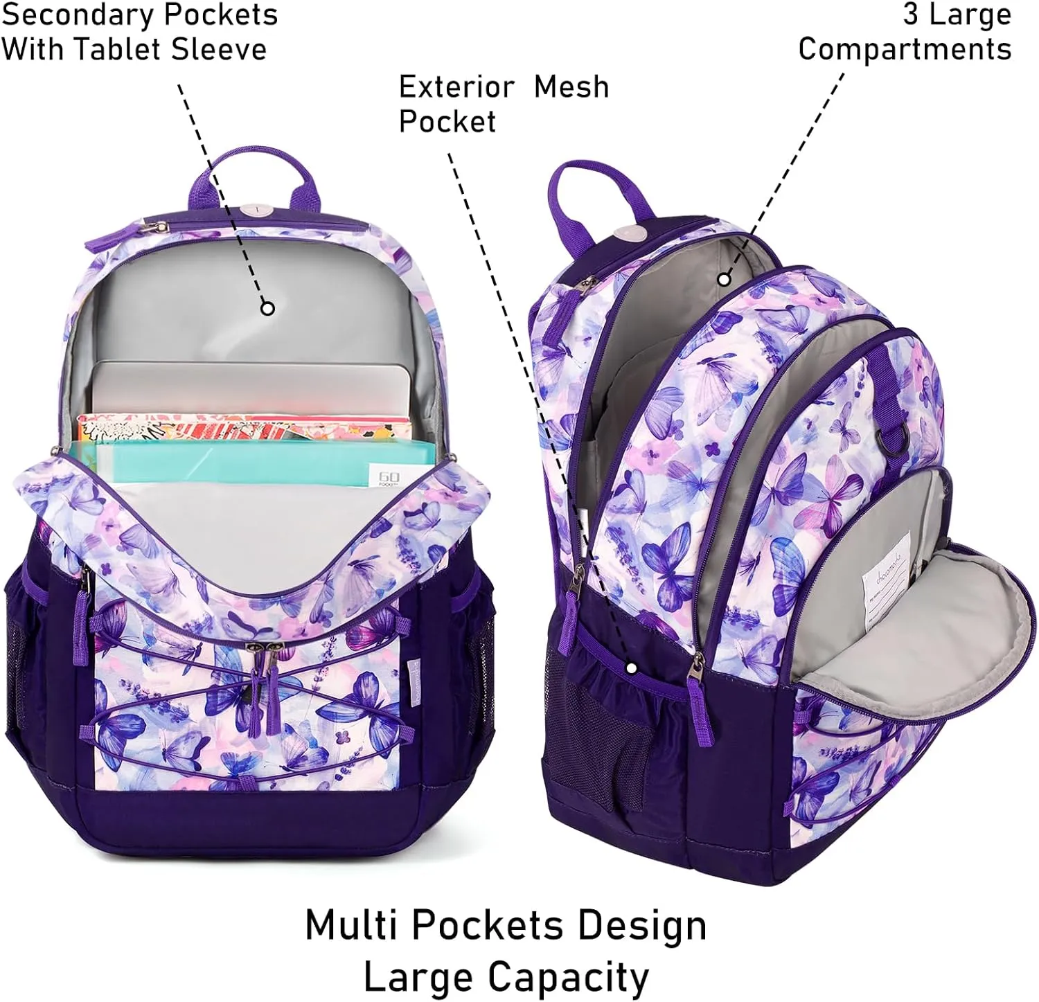 Choco Mocha Butterfly Backpack for Teen Girls, Travel School Backpack for Girls Middle School Large Bookbag 18 Inch, Purple