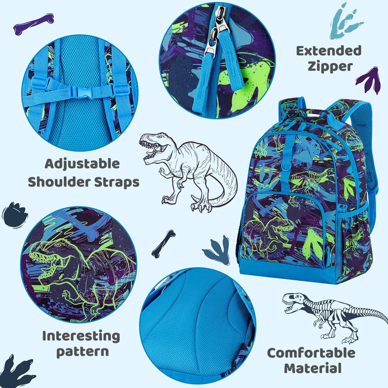 Choco Mocha Dinosaur Backpack for Boys, Kindergarten Backpacks for Boys Backpack Ages 6-8, Boy Elementary School Bookbag 17 Inch, Blue