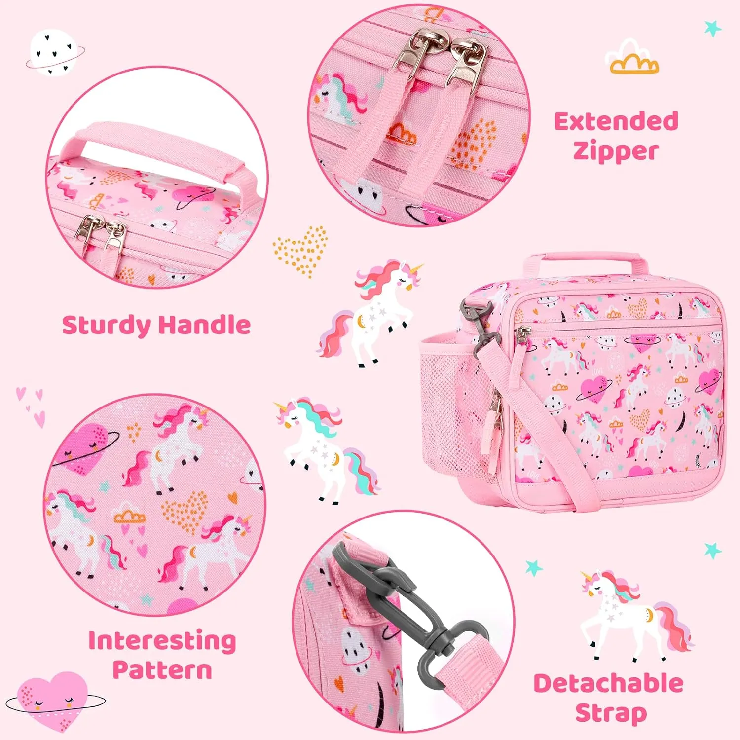Choco Mocha Pink Unicorn Lunch Box Kids Lunch Box with Shoulder Strap for Toddlers & Preschoolers