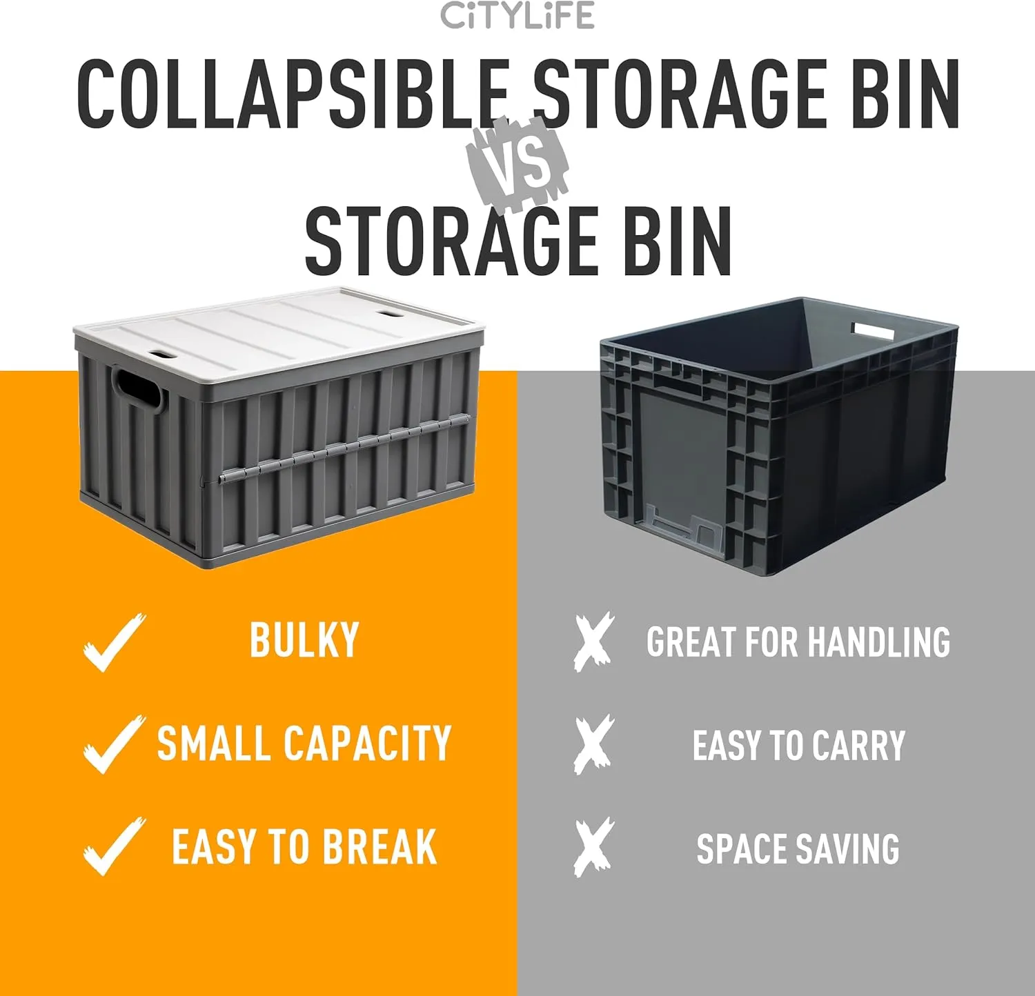 Citylife 64L Collapsible Storage Bins with Lids Plastic Storage Containers for Organizing Stackable Storage Box Large Heavy Duty Utility Crates, 4 Packs