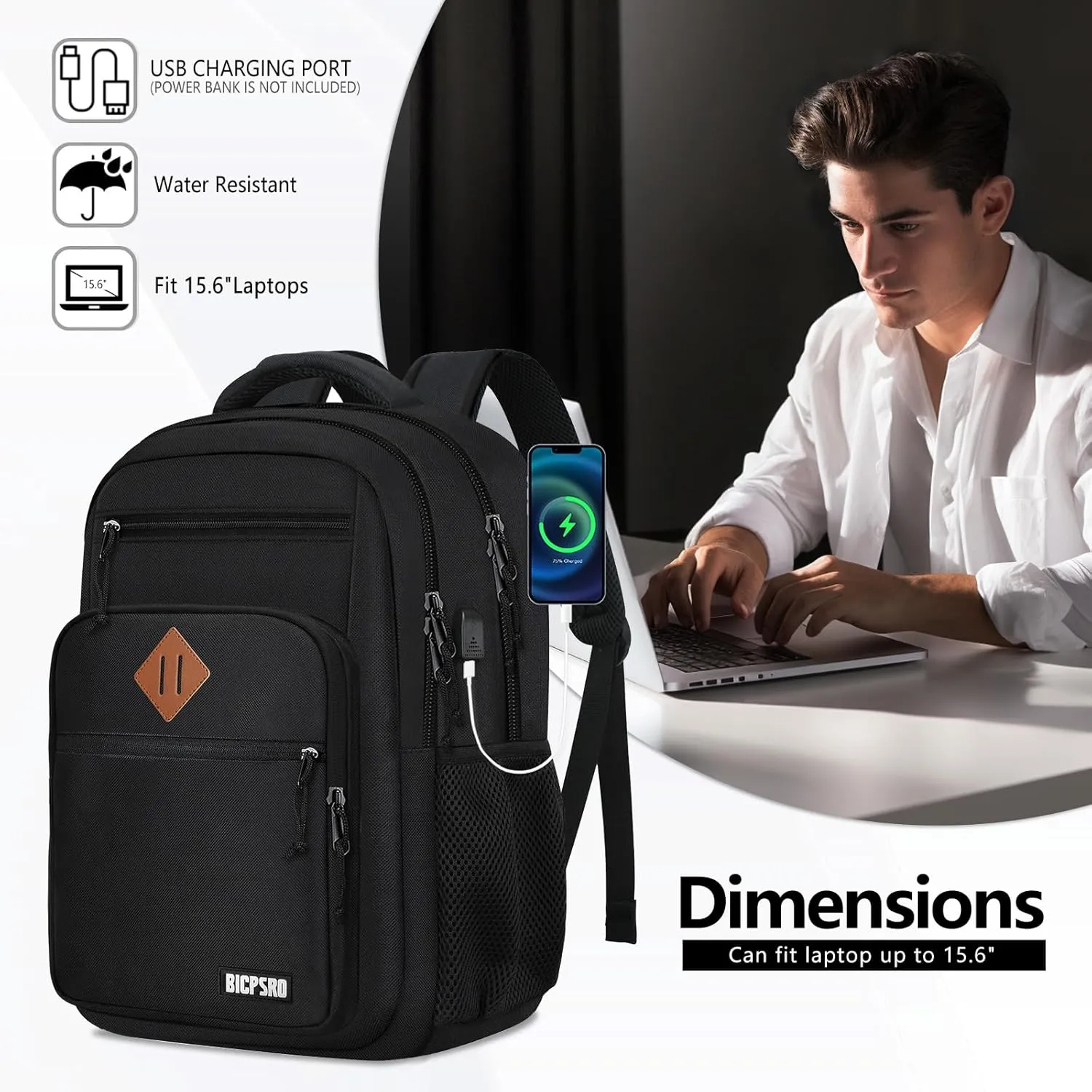 Classic Backpack for Men Women, School Backpack for Girls Boy Teens,15.6 Inch Laptop Bookbag with USB Charger for College High School Work Business Computer Book Bag,mochilas para hombres,Black