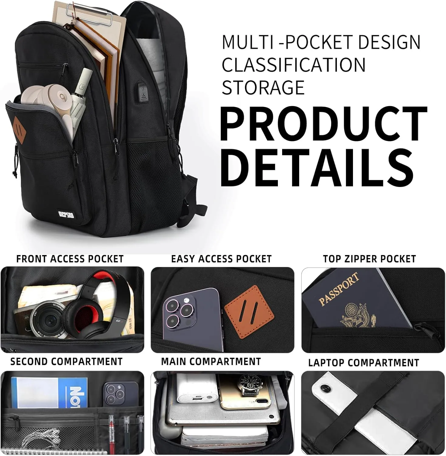 Classic Backpack for Men Women, School Backpack for Girls Boy Teens,15.6 Inch Laptop Bookbag with USB Charger for College High School Work Business Computer Book Bag,mochilas para hombres,Black