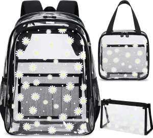 Clear Backpack for Boys Girls,15.6 Inch Kids Clear Backpack Set with Lunch Bag Heavy Duty PVC Elementary Bookbag for School Students See Through Transparent Travel Back Pack,Black Daisy