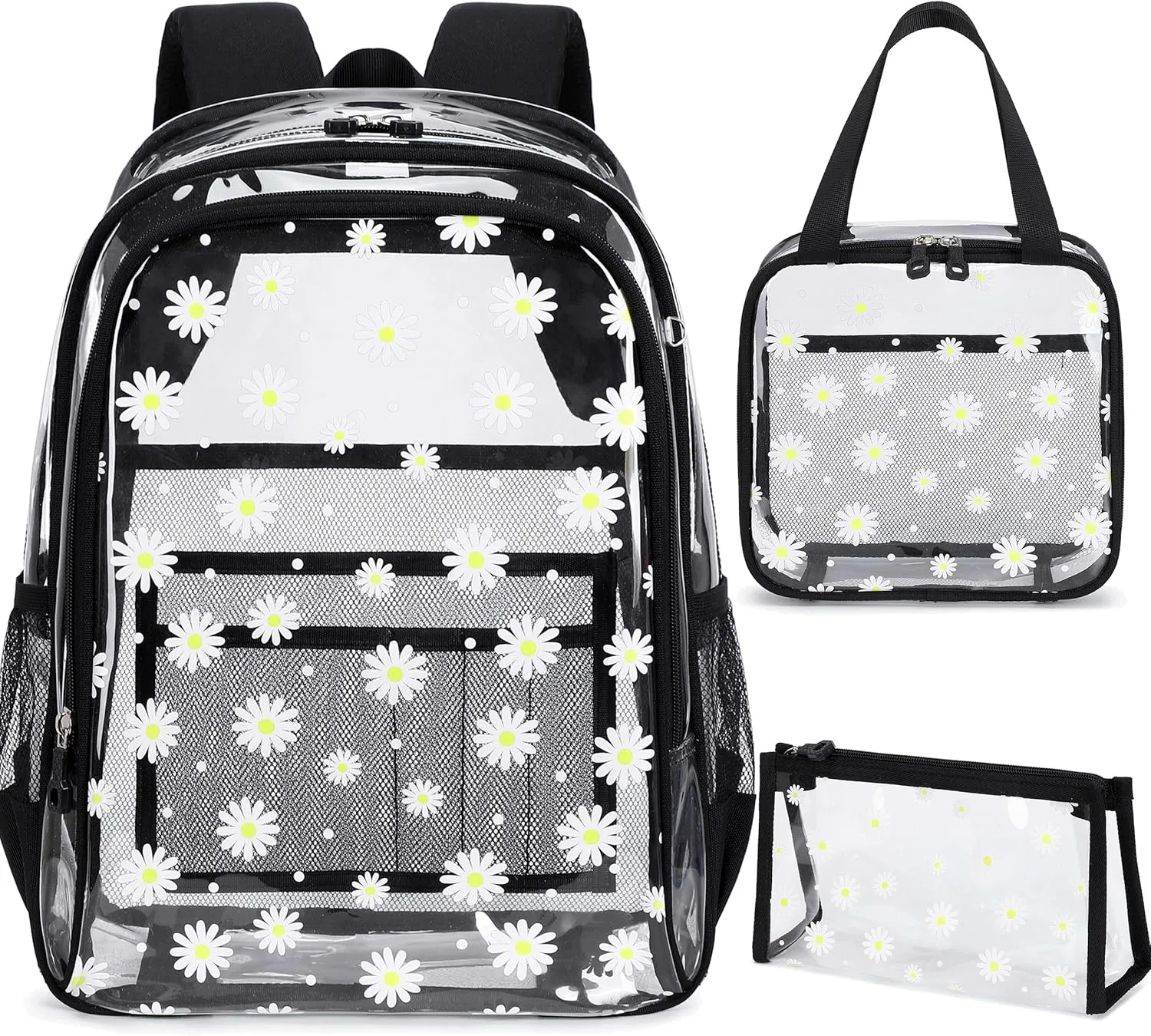 Clear Backpack for Boys Girls,15.6 Inch Kids Clear Backpack Set with Lunch Bag Heavy Duty PVC Elementary Bookbag for School Students See Through Transparent Travel Back Pack,Black Daisy