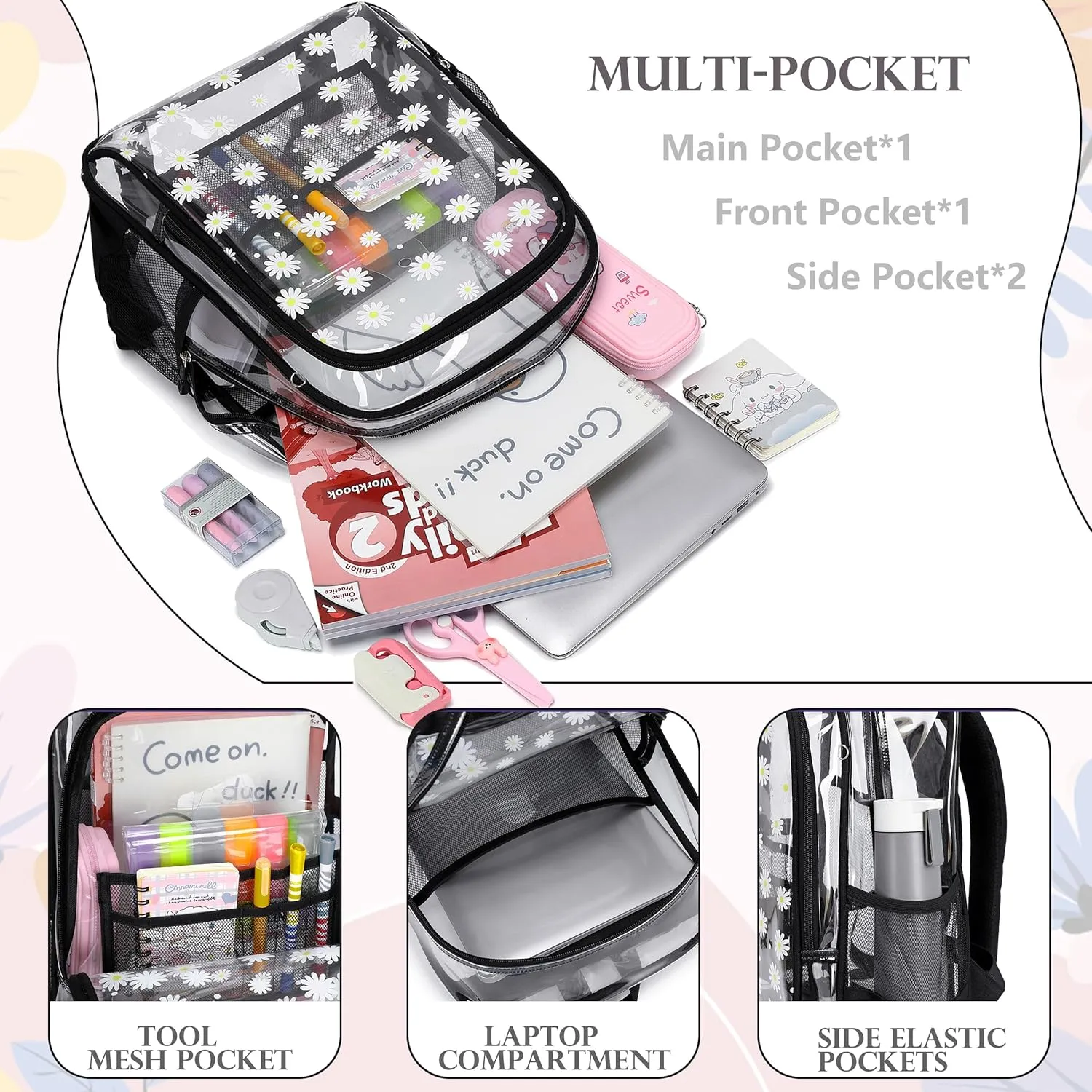 Clear Backpack for Boys Girls,15.6 Inch Kids Clear Backpack Set with Lunch Bag Heavy Duty PVC Elementary Bookbag for School Students See Through Transparent Travel Back Pack,Black Daisy