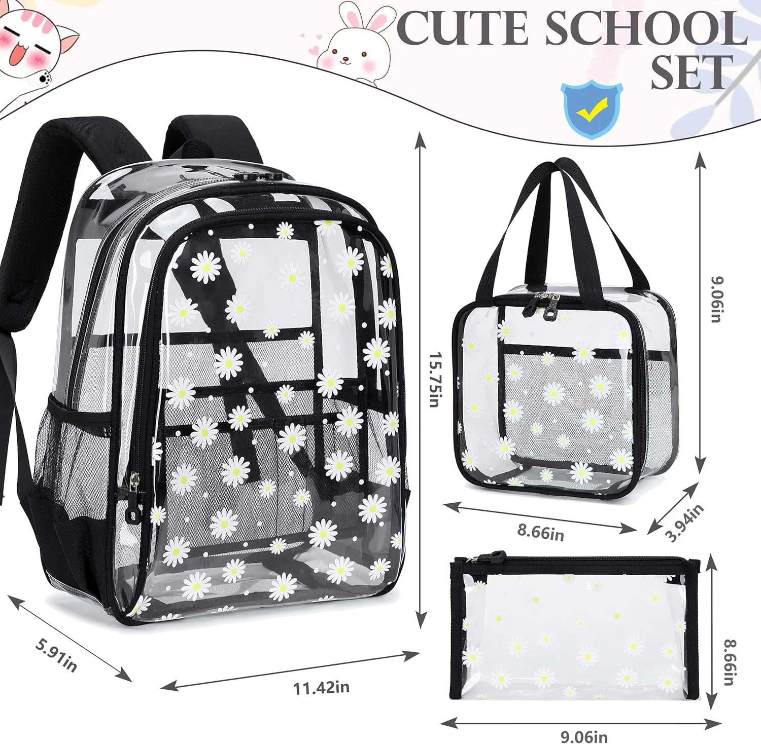 Clear Backpack for Boys Girls,15.6 Inch Kids Clear Backpack Set with Lunch Bag Heavy Duty PVC Elementary Bookbag for School Students See Through Transparent Travel Back Pack,Black Daisy