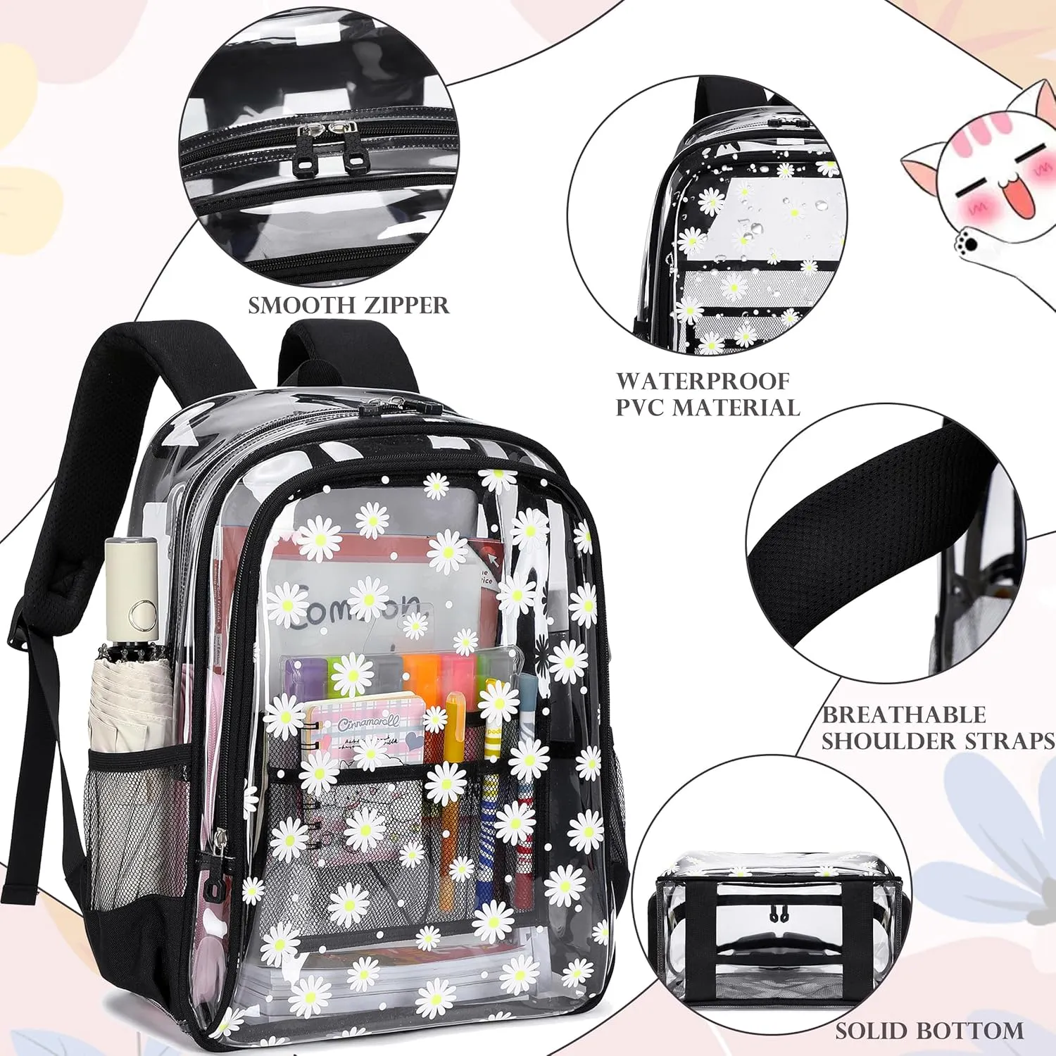 Clear Backpack for Boys Girls,15.6 Inch Kids Clear Backpack Set with Lunch Bag Heavy Duty PVC Elementary Bookbag for School Students See Through Transparent Travel Back Pack,Black Daisy