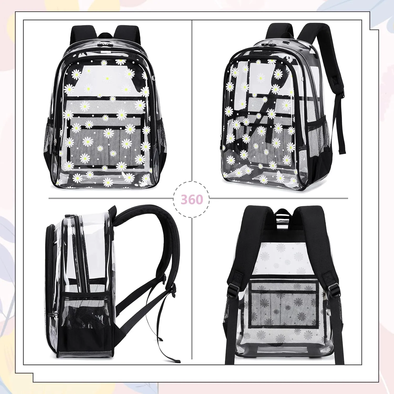 Clear Backpack for Boys Girls,15.6 Inch Kids Clear Backpack Set with Lunch Bag Heavy Duty PVC Elementary Bookbag for School Students See Through Transparent Travel Back Pack,Black Daisy